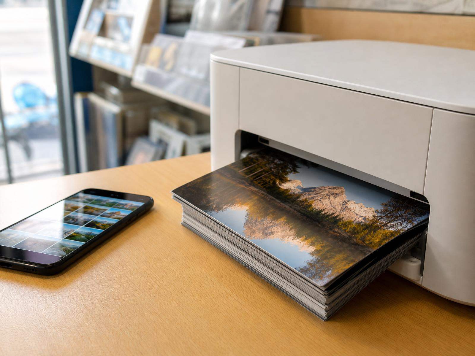 Stapel verse fotoafdrukken op een lichte balie naast onze fotoprinter