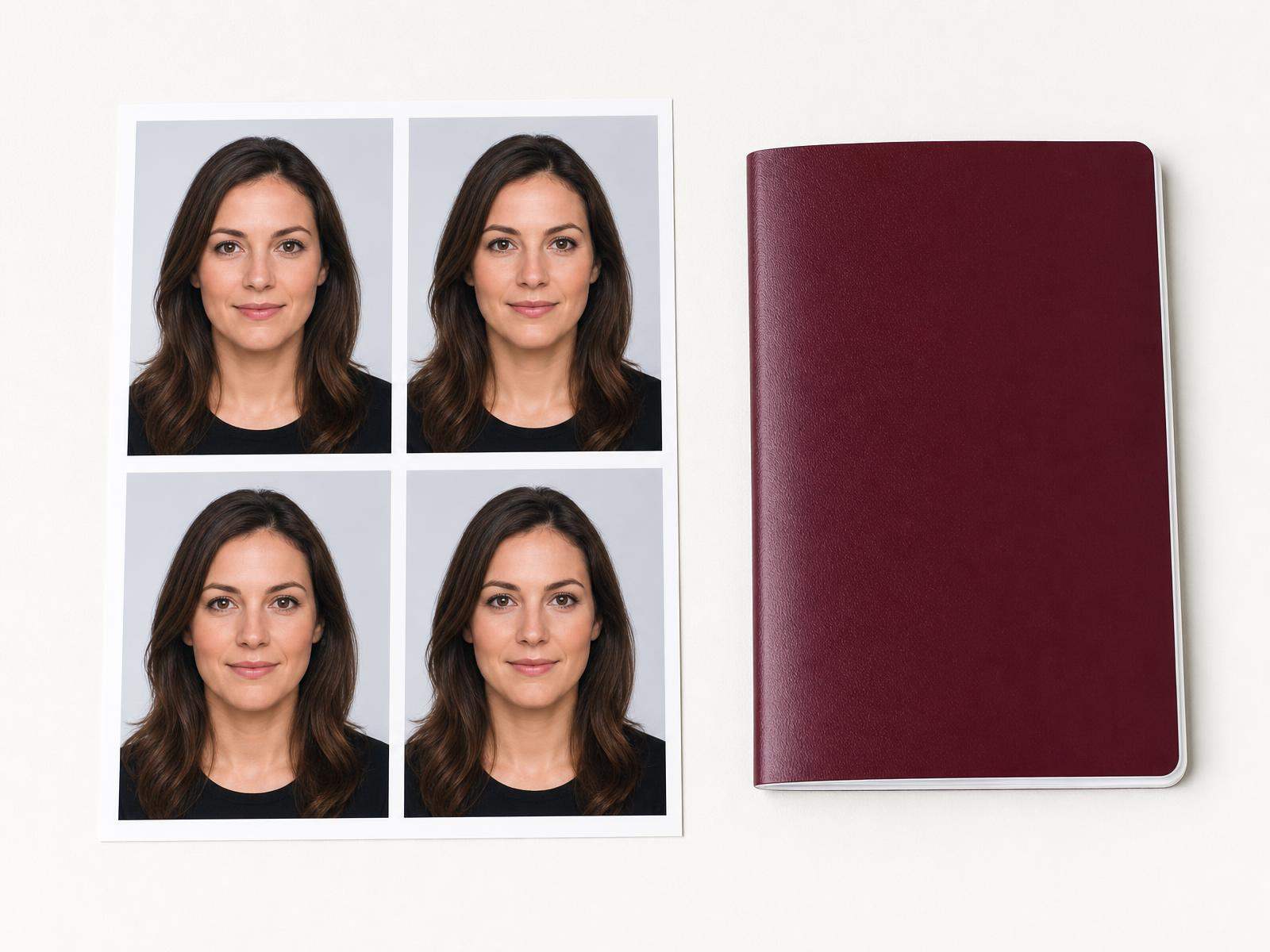 Sheet of official passport photos next to a Dutch passport, made in Delft