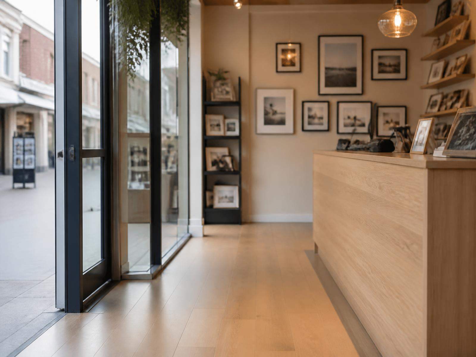 De ingang van onze winkel in winkelcentrum De Hoven, met de balie rechts en ingelijste foto's aan de wand