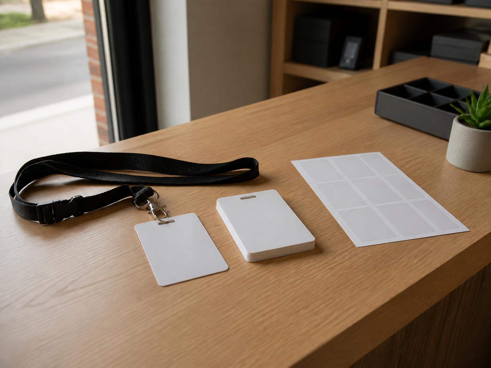 Blanco bedrijfspasjes met keycord naast een vel pasfoto's op onze balie in Delft
